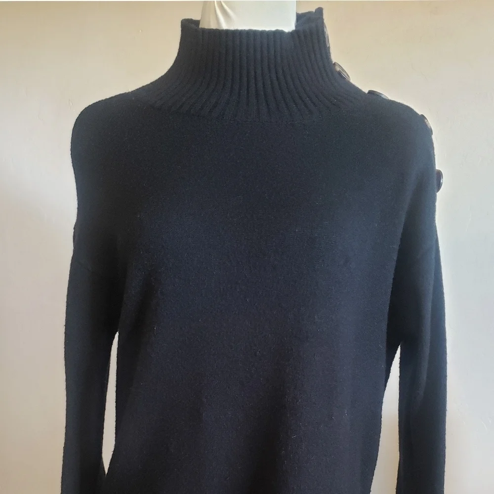 Anthropologie Sweater Womens Black S Mock Turtleneck Button Ribbed Neck Pullover
